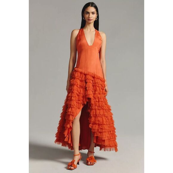 Anthropologie Let It Be Me Tiered-Ruffle High-Low Dress size S Orange - Picture 1 of 15
